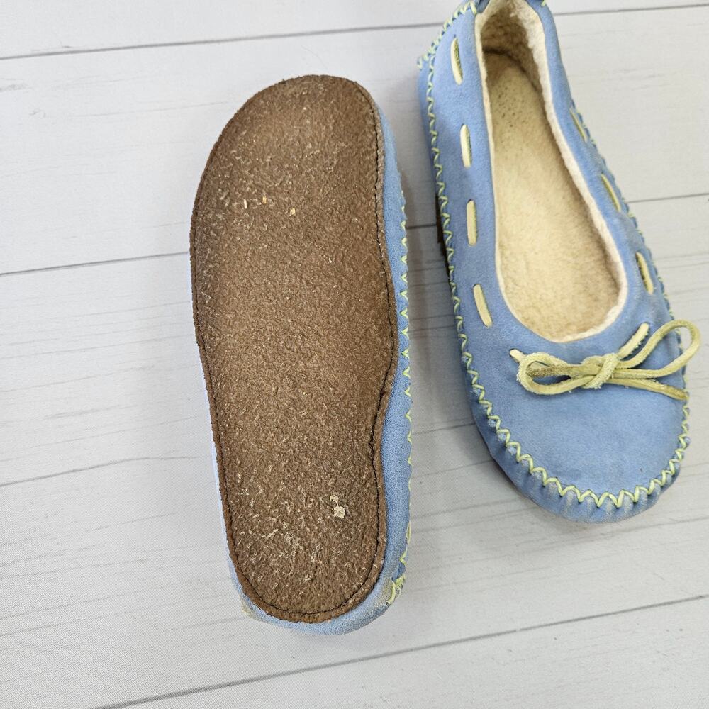 L.L. Bean Sky Blue Leather Sherpa Lined Moccasin Slippers - 8 - Picture 4 of 5